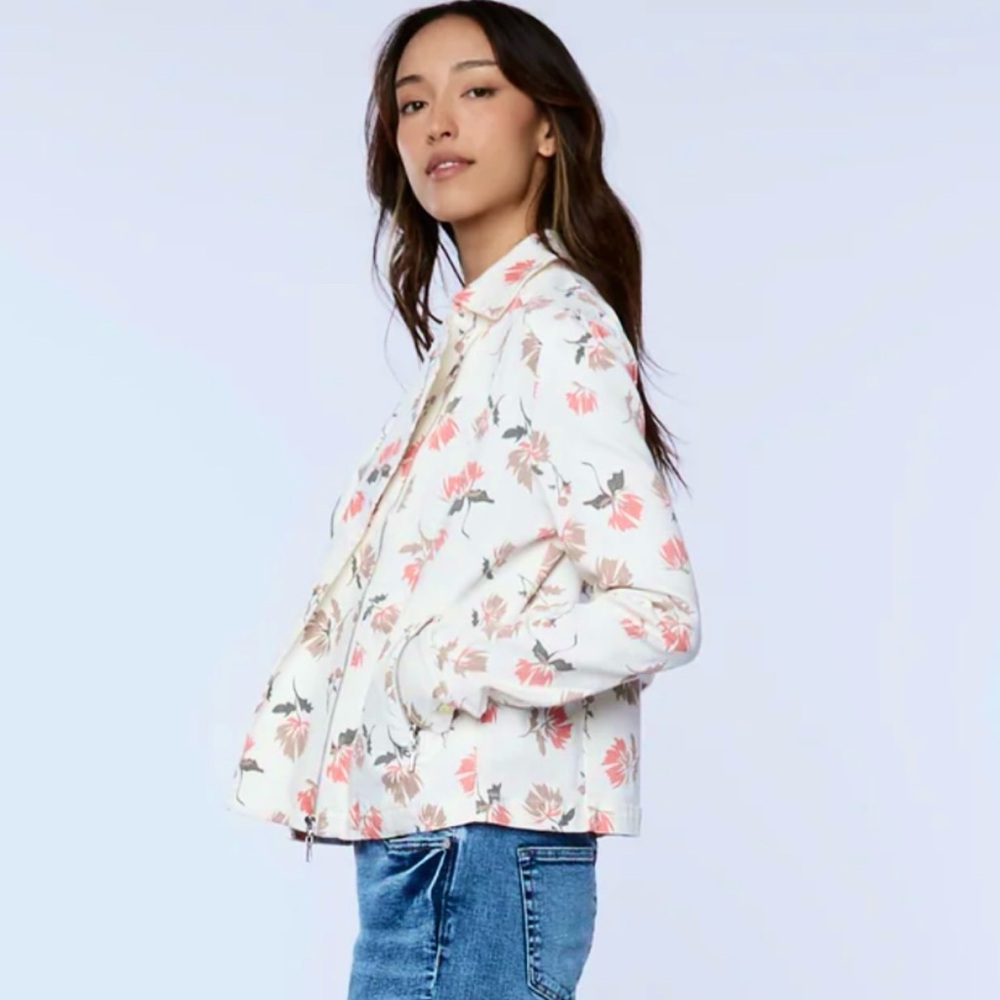 Wash Lab Denim Front Zip White Botanical Garden Stretch Canvas  Jean Jacket